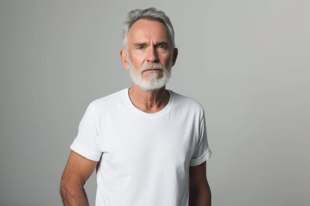 Hombre mayor atractivo en camiseta blanca clásica posando en el estudio