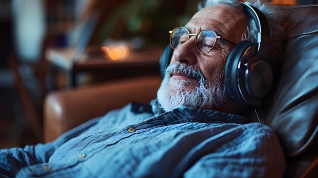 Hombre mayor con auriculares en la silla IA generativa