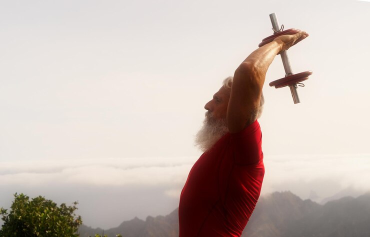 Foto hombre mayor con barba blanca haciendo ejercicios deportivos con mancuernas al aire libre vista cercana hermosa naturaleza en segundo plano