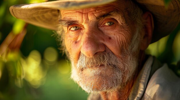 Un hombre mayor con barba y sombrero está mirando a la cámara