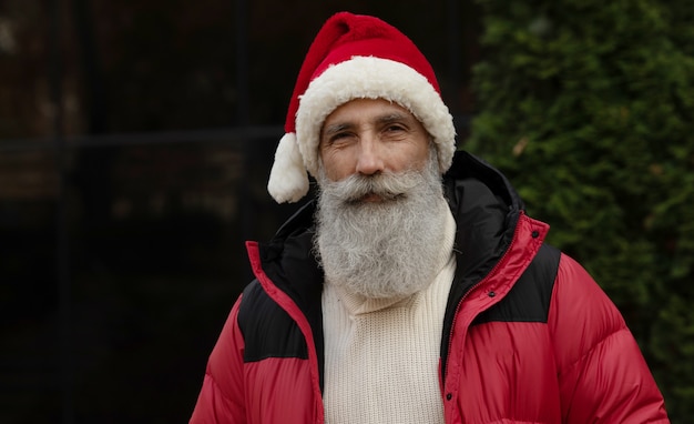 Hombre mayor con barba en el sombrero rojo de santa que presenta algo al aire libre. Navidad. Año nuevo.