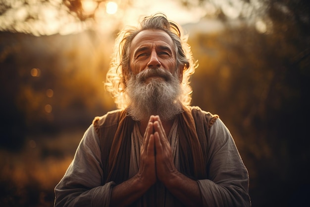 Hombre mayor barbudo orando a Dios en el abrazo de la naturaleza con IA generativa