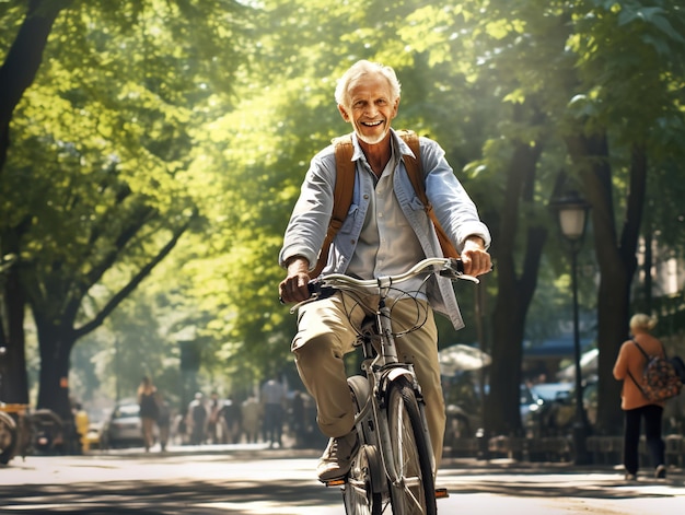 Foto hombre mayor en bicicleta vida deportiva estilo de vida respetuoso con el medio ambiente