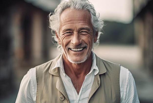 hombre mayor con camisa blanca y chaleco gris sonriendo a la cámara al aire libre