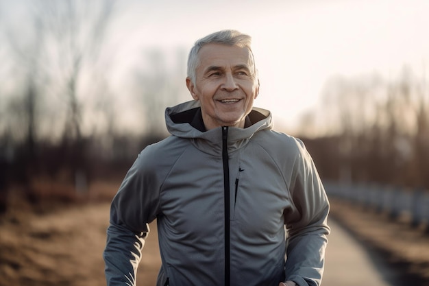 Hombre mayor con canas mantenerse en forma trotando en un parque Generativo ai