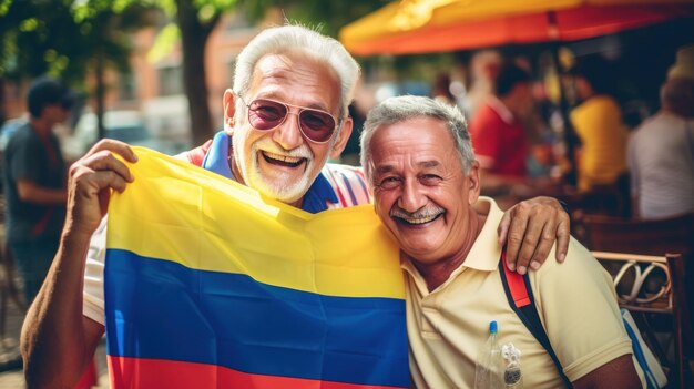 Hombre mayor colombiano y amigo con la bandera nacional de Colombia