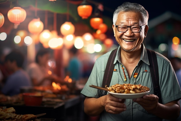 Un hombre mayor comiendo felizmente en un mercado de comida callejera por la noche