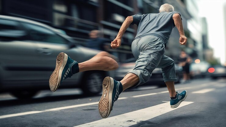 Foto hombre mayor como corredor en la calle de la ciudad cerca de las piernas en zapatillas de deporte