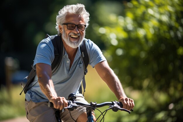 Hombre mayor de contenido en bicicleta a través de un parque soleado durante su tiempo libre IA generativa