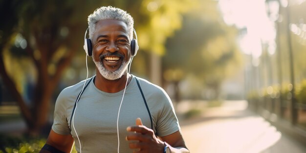 Hombre mayor corriendo al aire libre y motivación para el fitness energía y ejercicio saludable con auriculares