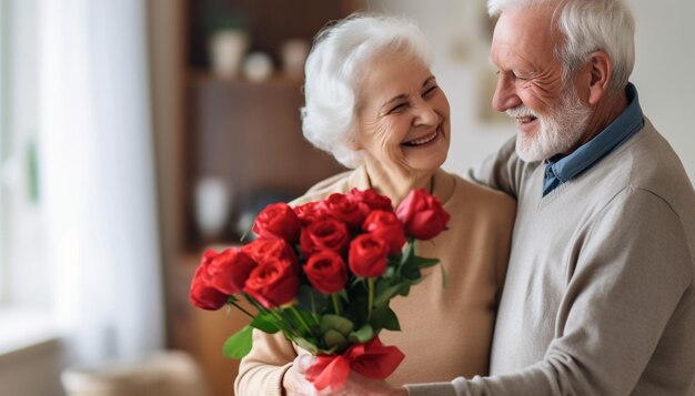 Foto hombre mayor dando flores a su esposa abuelo da flores a la abuela feliz longevidad una pareja de ancianos