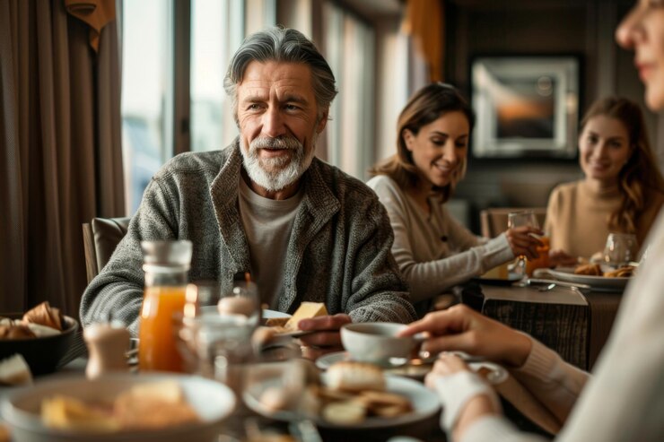 Hombre mayor disfrutando del desayuno con la familia en una cafetería iluminada por el sol conversación y risas