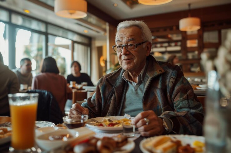 Hombre mayor disfrutando del desayuno con la familia en una cafetería iluminada por el sol conversación y risas