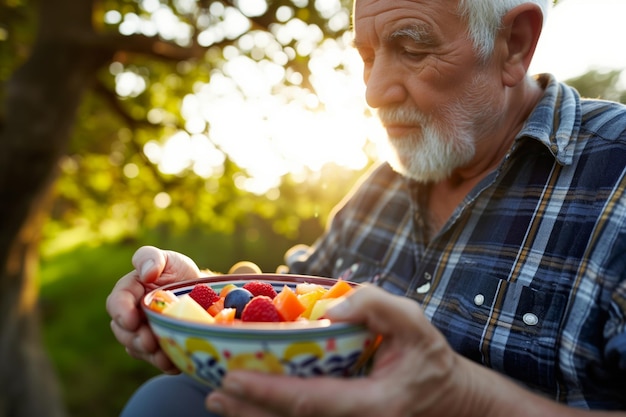 Foto hombre mayor disfrutando de un plato de frutas mezcladas al aire libre