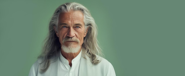 Hombre mayor elegante y sonriente con cabello gris y largo con piel perfecta sobre un fondo verde claro