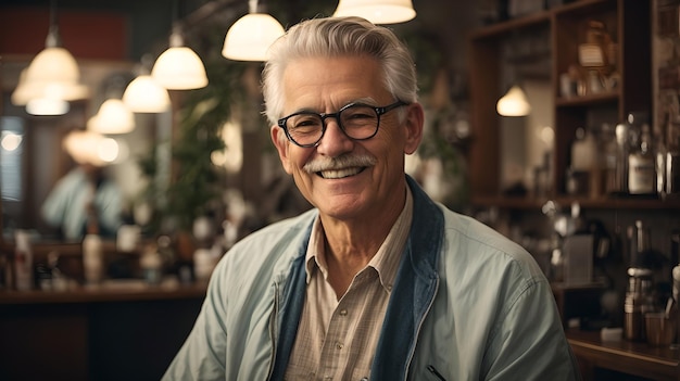 Hombre mayor encantador con una sonrisa acogedora en un acogedor café con IA