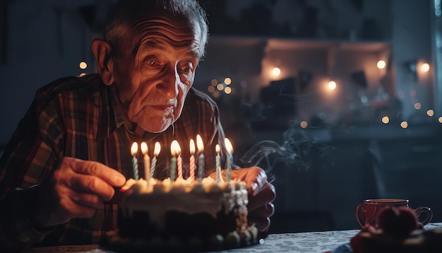 Foto un hombre mayor está encendiendo velas en un pastel de cumpleaños