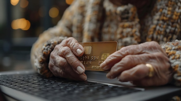 un hombre mayor está usando una computadora portátil con una tarjeta de crédito en su regazo