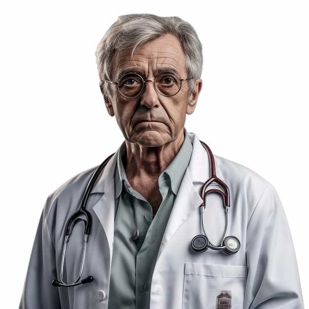 Un hombre mayor con un estetoscopio en el cuello lleva una bata blanca de laboratorio.