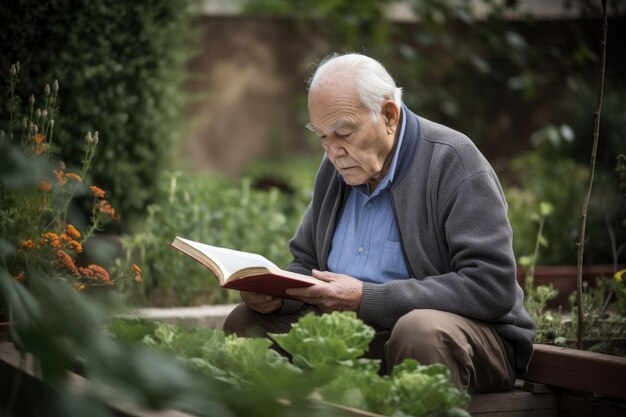 Un hombre mayor estudiando un libro en un jardín.