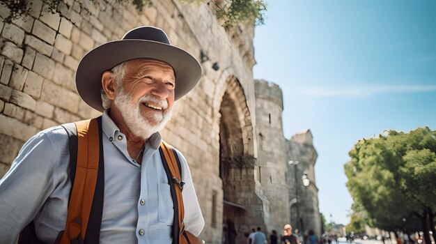 Hombre mayor explorando una cámara histórica de la ciudad en la mano