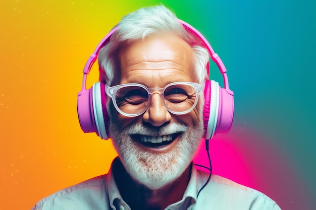 hombre mayor feliz con auriculares inalámbricos