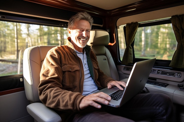 Hombre mayor feliz sentado en una furgoneta RV usando una IA generativa de portátil