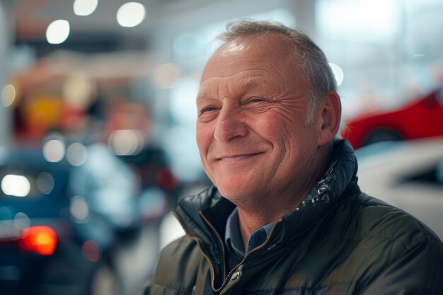 Hombre mayor feliz sonriendo en la sala de exhibición de automóviles