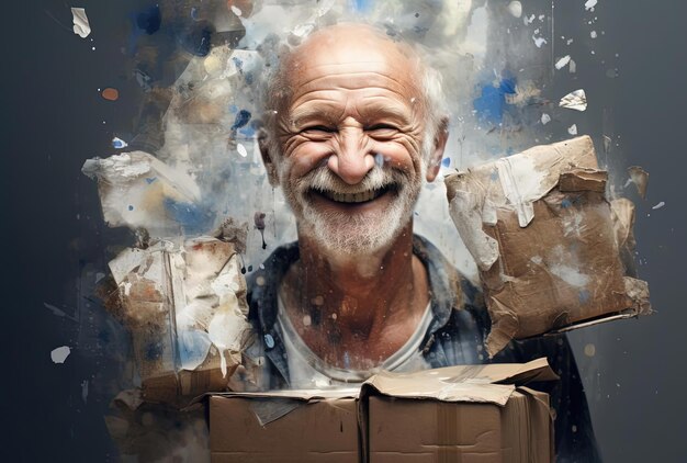 Hombre mayor feliz sonriendo con su paquete al estilo de Januz Miralles