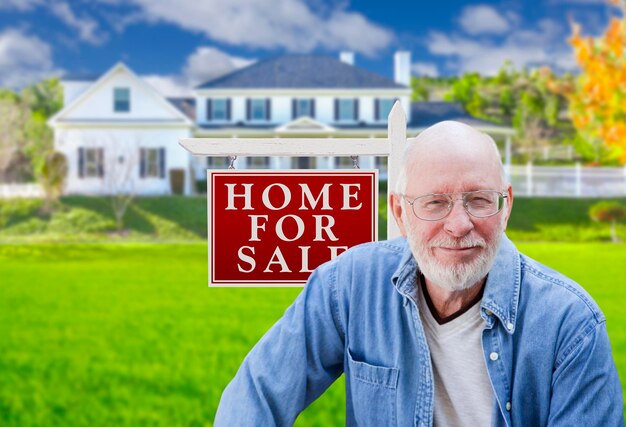 Foto hombre mayor frente a una casa de anuncios inmobiliarios