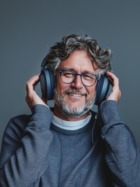 Un hombre mayor con gafas muestra una sonrisa satisfecha con auriculares disfrutando de un momento de nostalgia musical Su vestimenta casual sugiere un estilo de vida relajado
