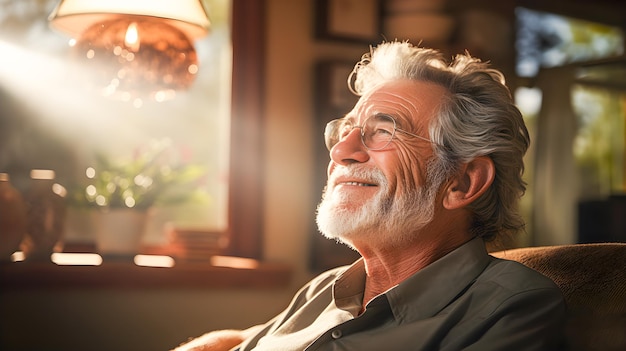 Hombre mayor con gafas y pelo blanco sonriendo en el sofá de casa y feliz por su jubilación Feliz anciano y concepto jubilado Copiar espacio