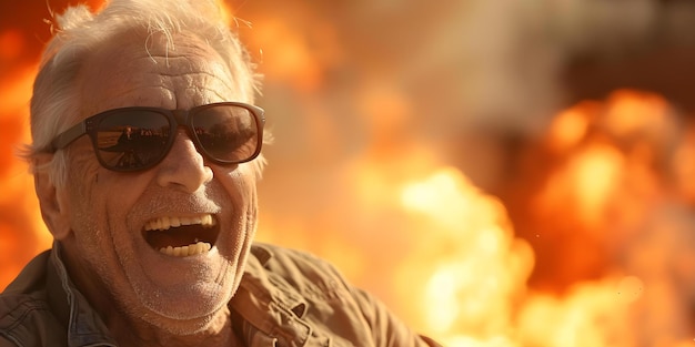 Foto hombre mayor con gafas de sol se ríe frente a una explosión en un día soleado concepto vestidos casuales gafas de sol risa explosiones al aire libre