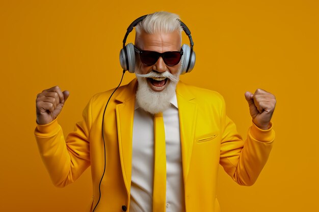 Hombre mayor gracioso con barba con chaqueta amarilla escuchando música con auriculares