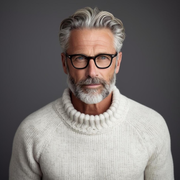 hombre mayor guapo con gafas y suéter de invierno con expresión seria en la cara simple y