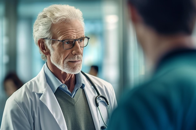 Hombre mayor hablando con un médico con IA generativa