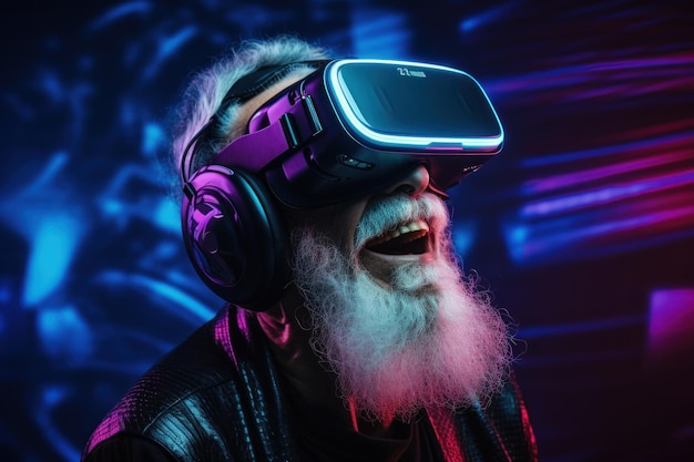 Hombre mayor intenta ver videos usando un auricular vr IA generativa