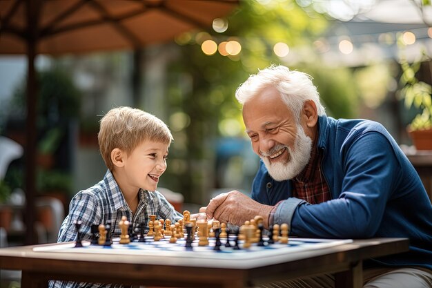 Un hombre mayor jugando al ajedrez con un niño