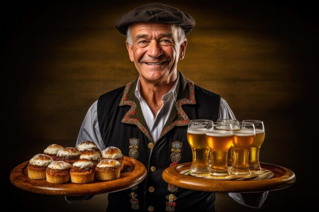 Hombre mayor del Oktoberfest con cerveza y comida generativa ai