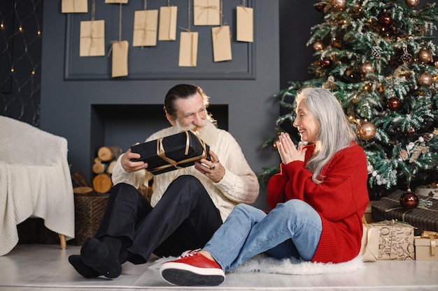 Hombre mayor que presenta un regalo de navidad a su esposa sentada cerca del árbol de navidad