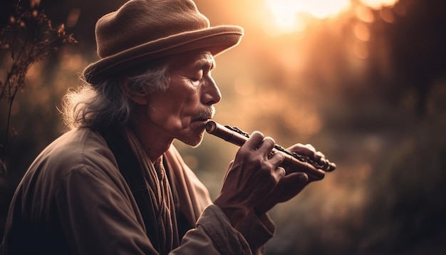 Hombre mayor que sopla flauta disfrutando de la música natural generada por IA