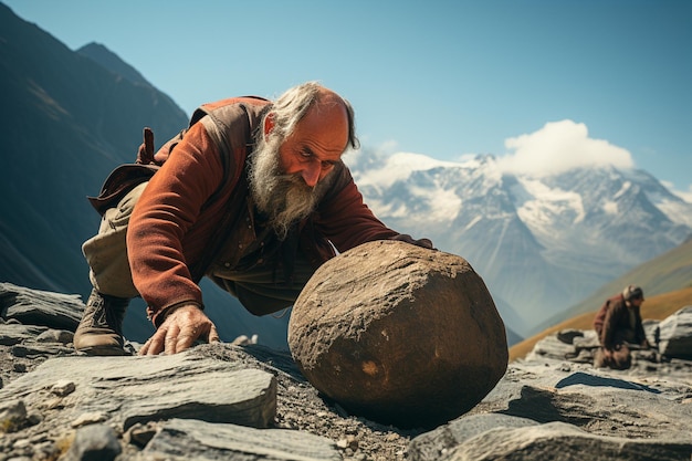 hombre mayor que sostiene la piedra en las montañas