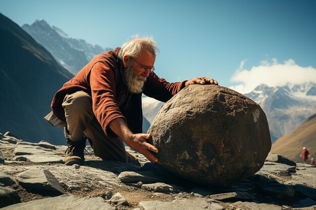 hombre mayor que sostiene la piedra en las montañas