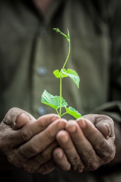 Hombre mayor que sostiene la planta de primavera joven en las manos Concepto de ecología