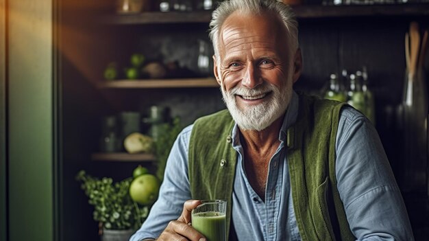 Un hombre mayor sano sonriendo mientras sostiene un vaso de jugo verde en la cocina