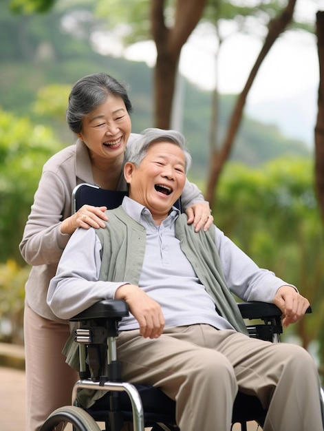 un hombre mayor en silla de ruedas con una mujer