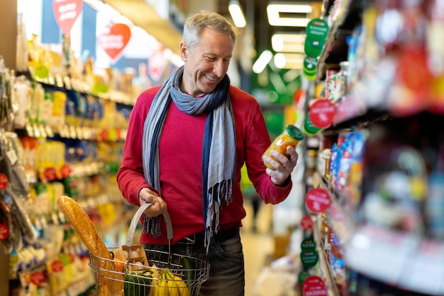 Hombre mayor sonriente comprando solo sosteniendo un frasco con pepinillos