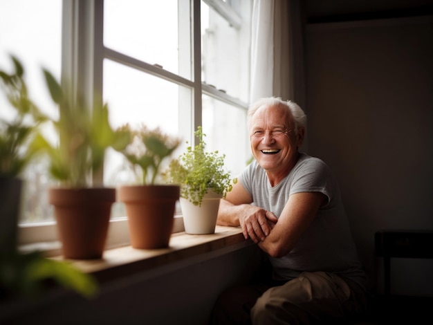 hombre mayor sonriente sentado cerca de la ventana Gererativo ai