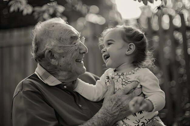 Foto un hombre mayor está sosteniendo a un bebé y sonriendo
