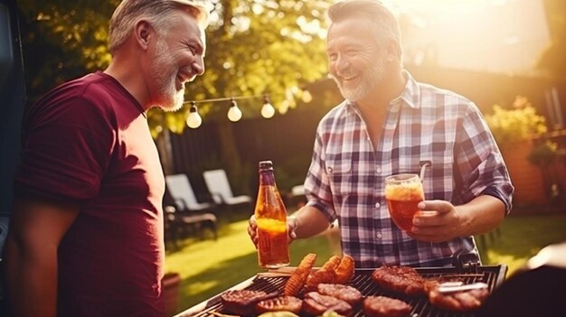 un hombre mayor y su hijo brindando con botellas de cerveza mientras cocinan carne en la parrilla en el patio trasero